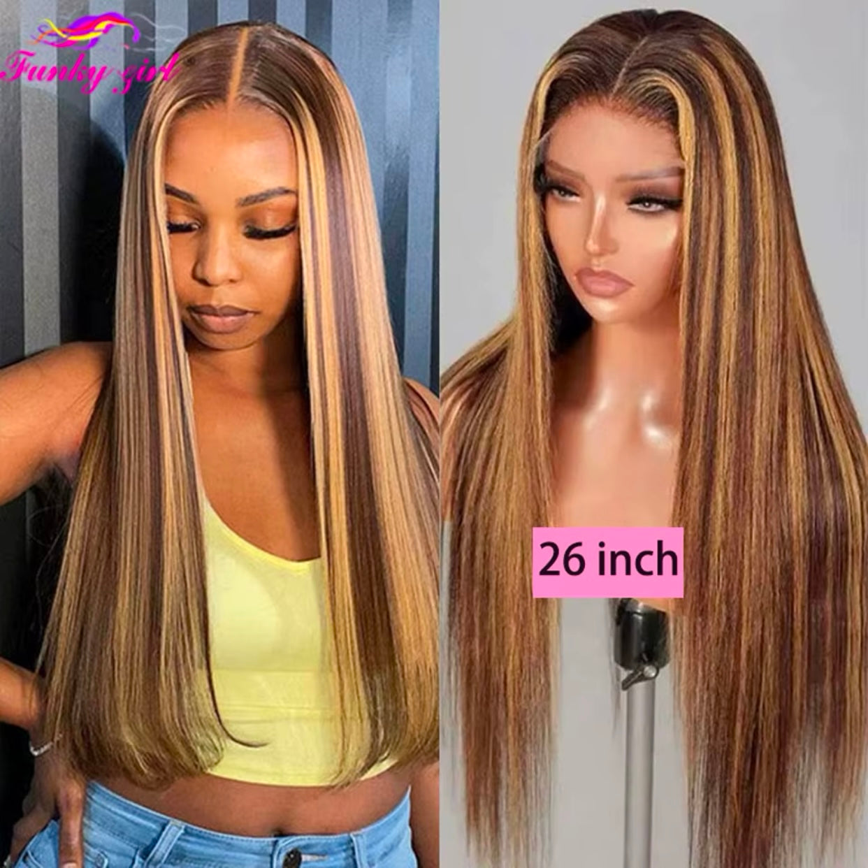 Bone Straight Highlight Brown Human Hair Wigs For Women Pre Plucked Honey Blonde Color