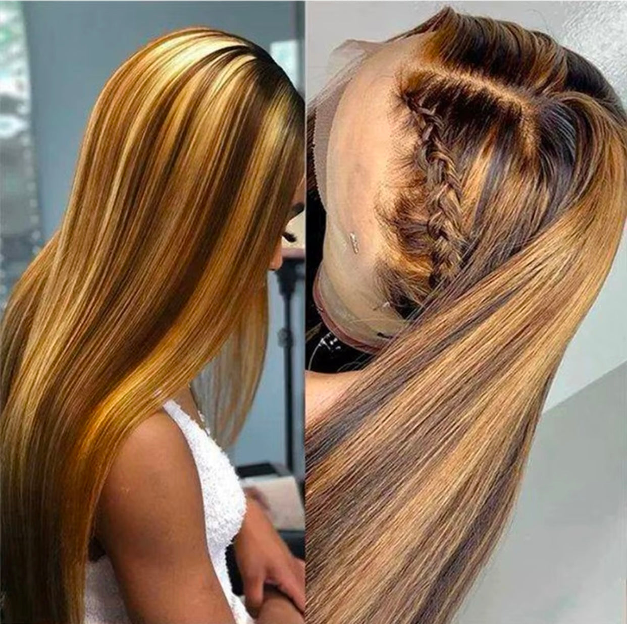 Bone Straight Highlight Brown Human Hair Wigs For Women Pre Plucked Honey Blonde Color