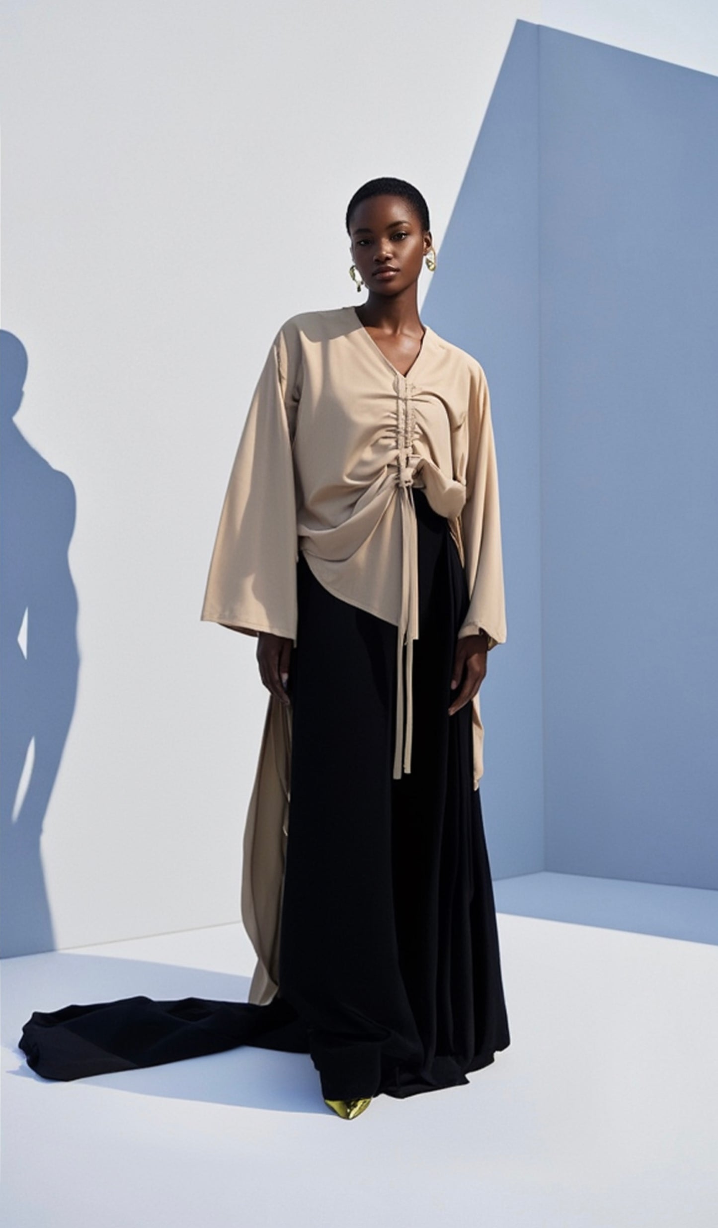 2 Piece Ruched Harmony Set: Beige Silk Bliss Top + Black Flow Pants