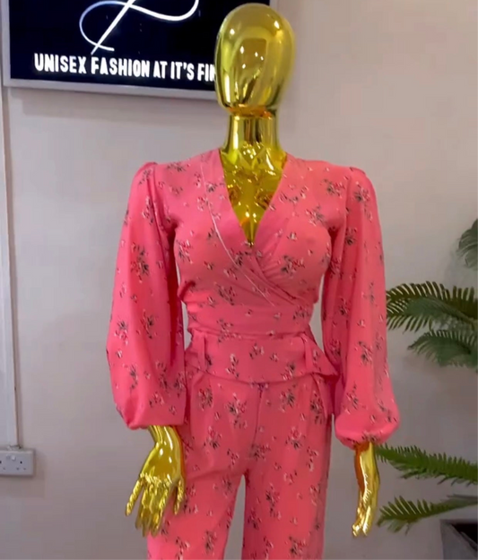 Elegant Pink Floral Wrap Jumpsuit with Balloon Sleeves – Chic & Feminine