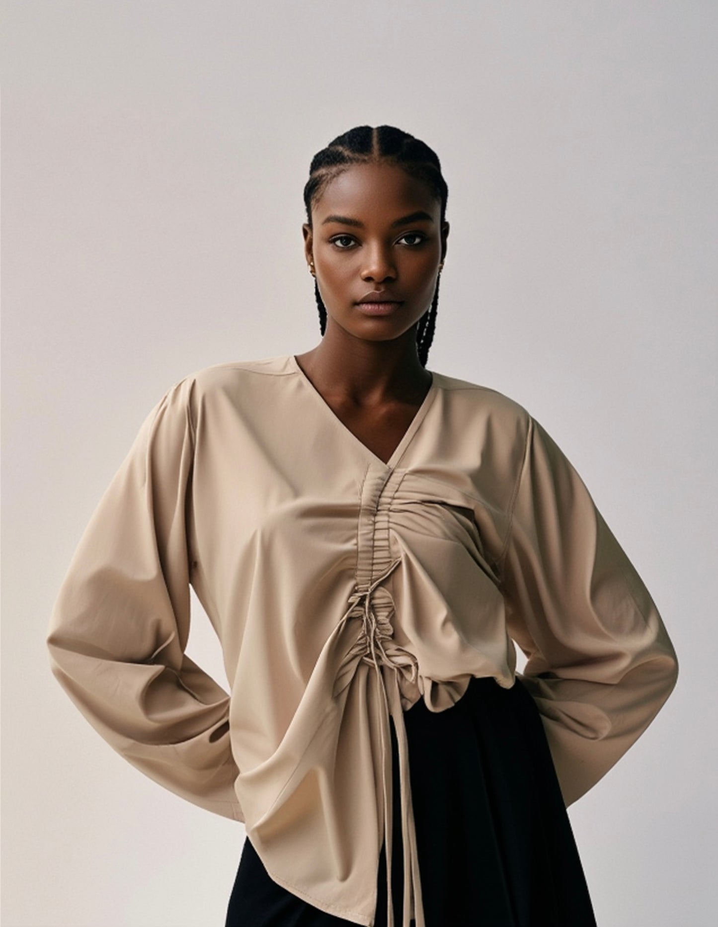 2 Piece Ruched Harmony Set: Beige Silk Bliss Top + Black Flow Pants