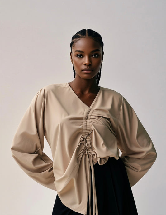 2 Piece Ruched Harmony Set: Beige Silk Bliss Top + Black Flow Pants