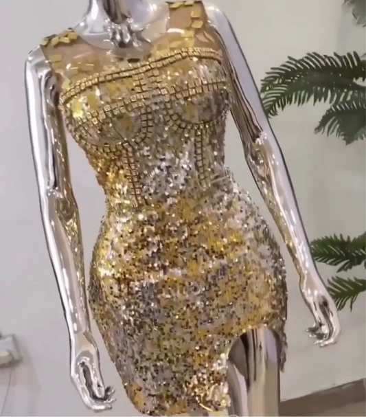 Luxe Gold Sequin Bodycon Dress with Mesh Detailing – Dazzle in Every Step