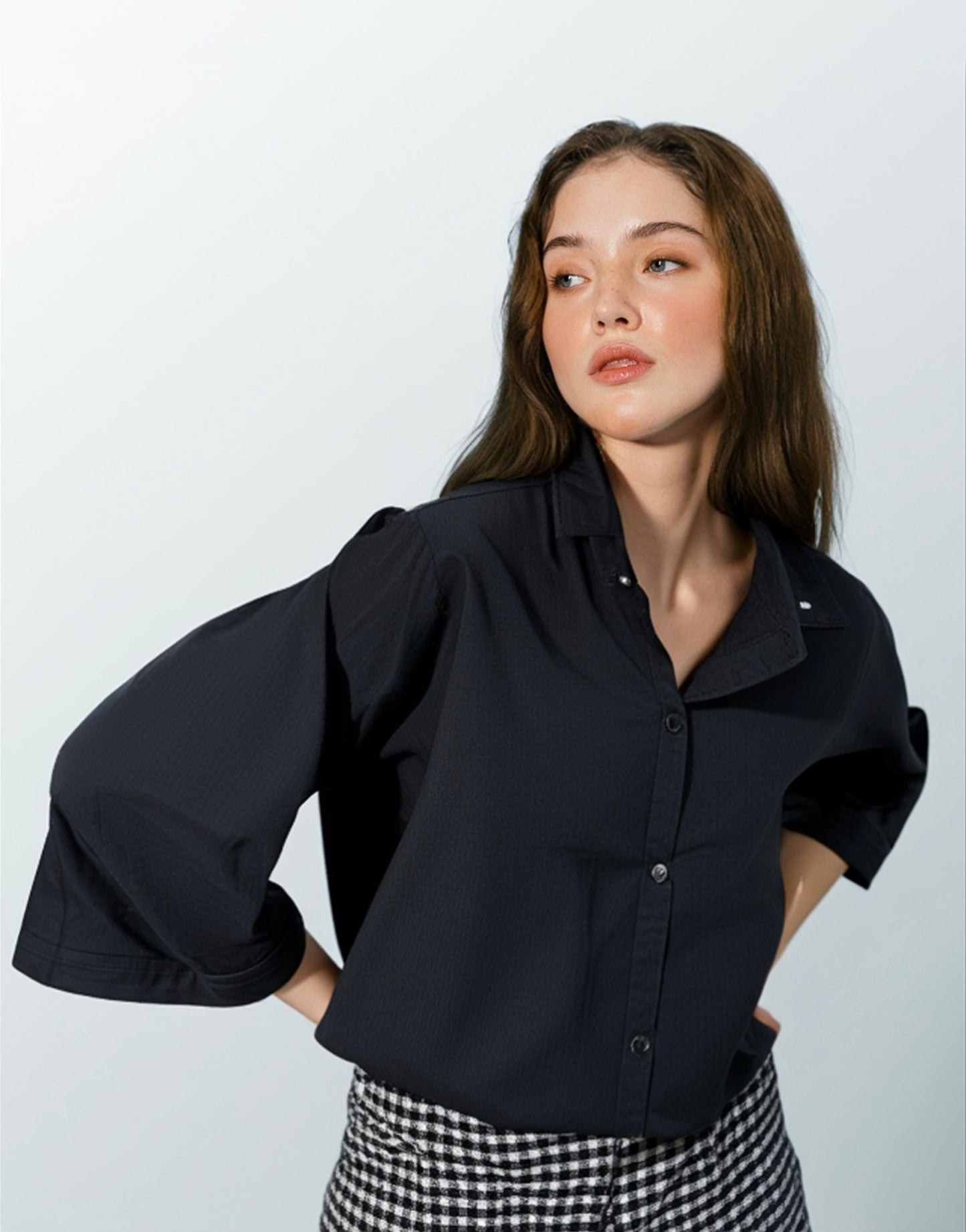 2 piece Black Boss Overshirt + Gingham 3/4 Kembe Shorts