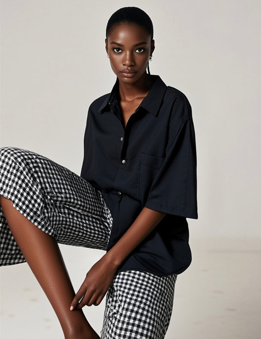 2 piece Black Boss Overshirt + Gingham 3/4 Kembe Shorts