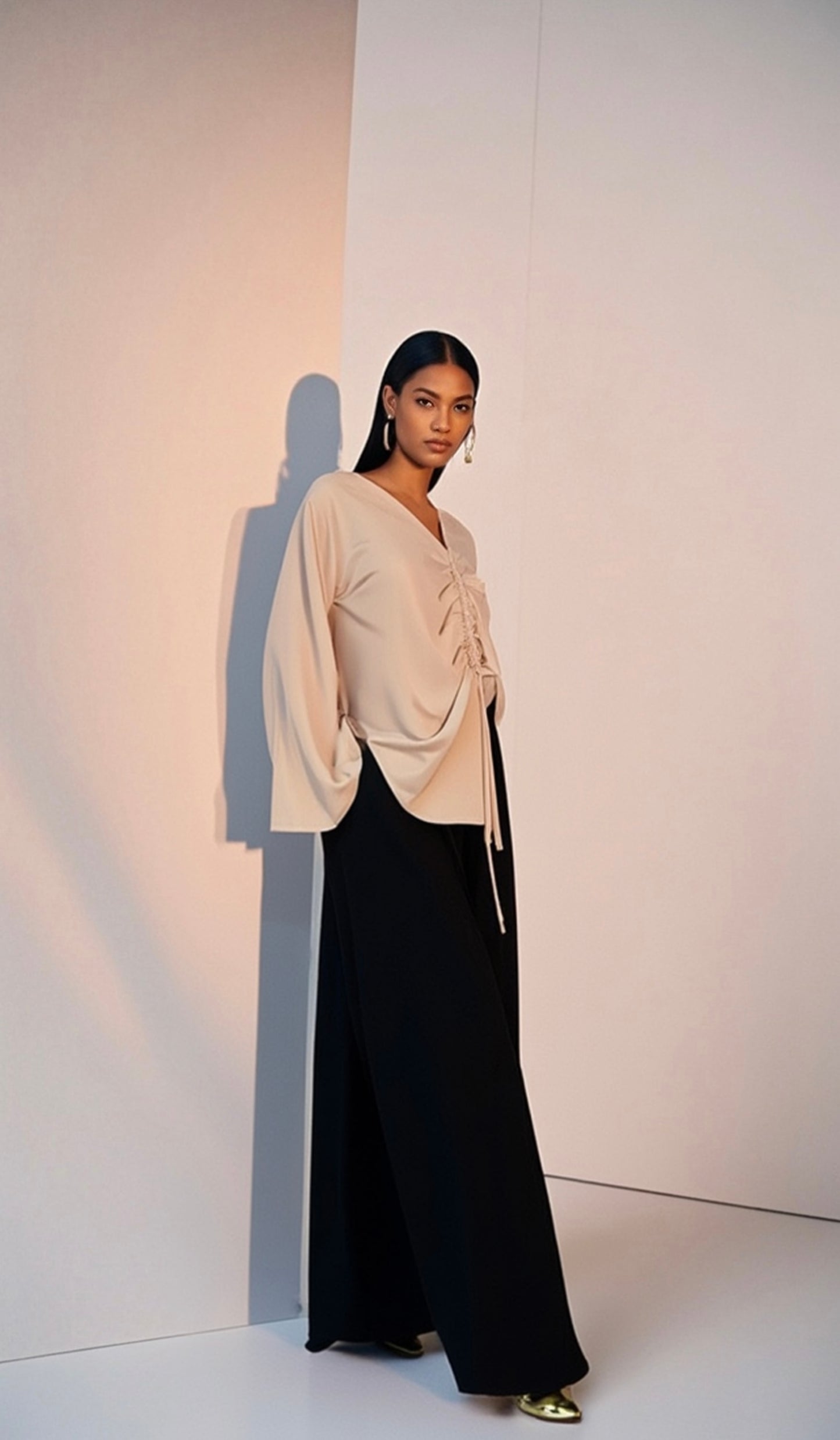 2 Piece Ruched Harmony Set: Beige Silk Bliss Top + Black Flow Pants