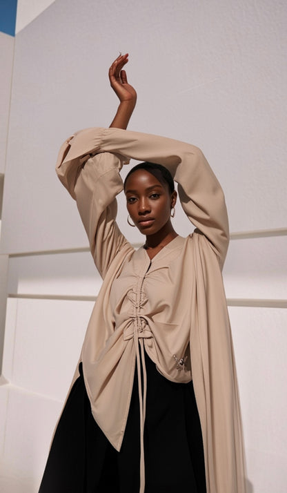 2 Piece Ruched Harmony Set: Beige Silk Bliss Top + Black Flow Pants