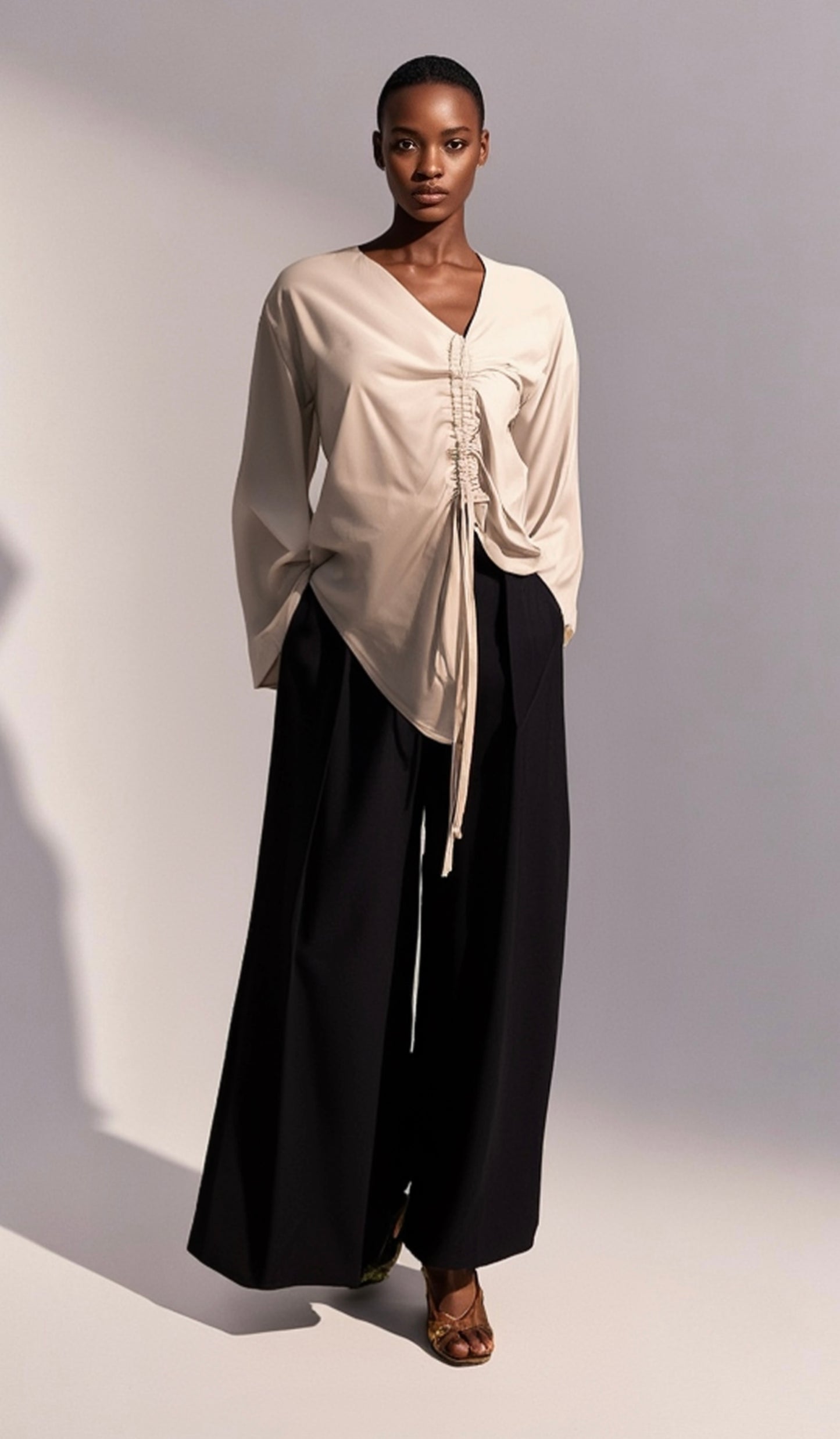 2 Piece Ruched Harmony Set: Beige Silk Bliss Top + Black Flow Pants