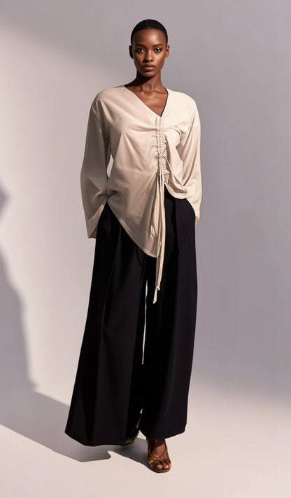 2 Piece Ruched Harmony Set: Beige Silk Bliss Top + Black Flow Pants