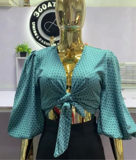 Teal Polka Dot Tie-Front Crop Top with Puff Sleeves – Effortless Chic