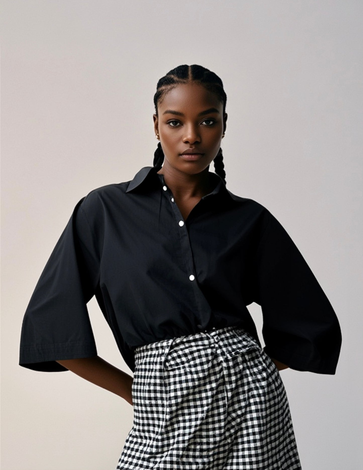 2 piece Black Boss Overshirt + Gingham 3/4 Kembe Shorts