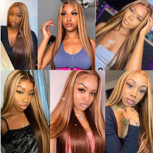 Bone Straight Highlight Brown Human Hair Wigs For Women Pre Plucked Honey Blonde Color