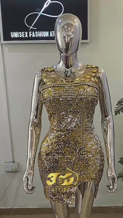 Luxe Gold Sequin Bodycon Dress with Mesh Detailing – Dazzle in Every Step